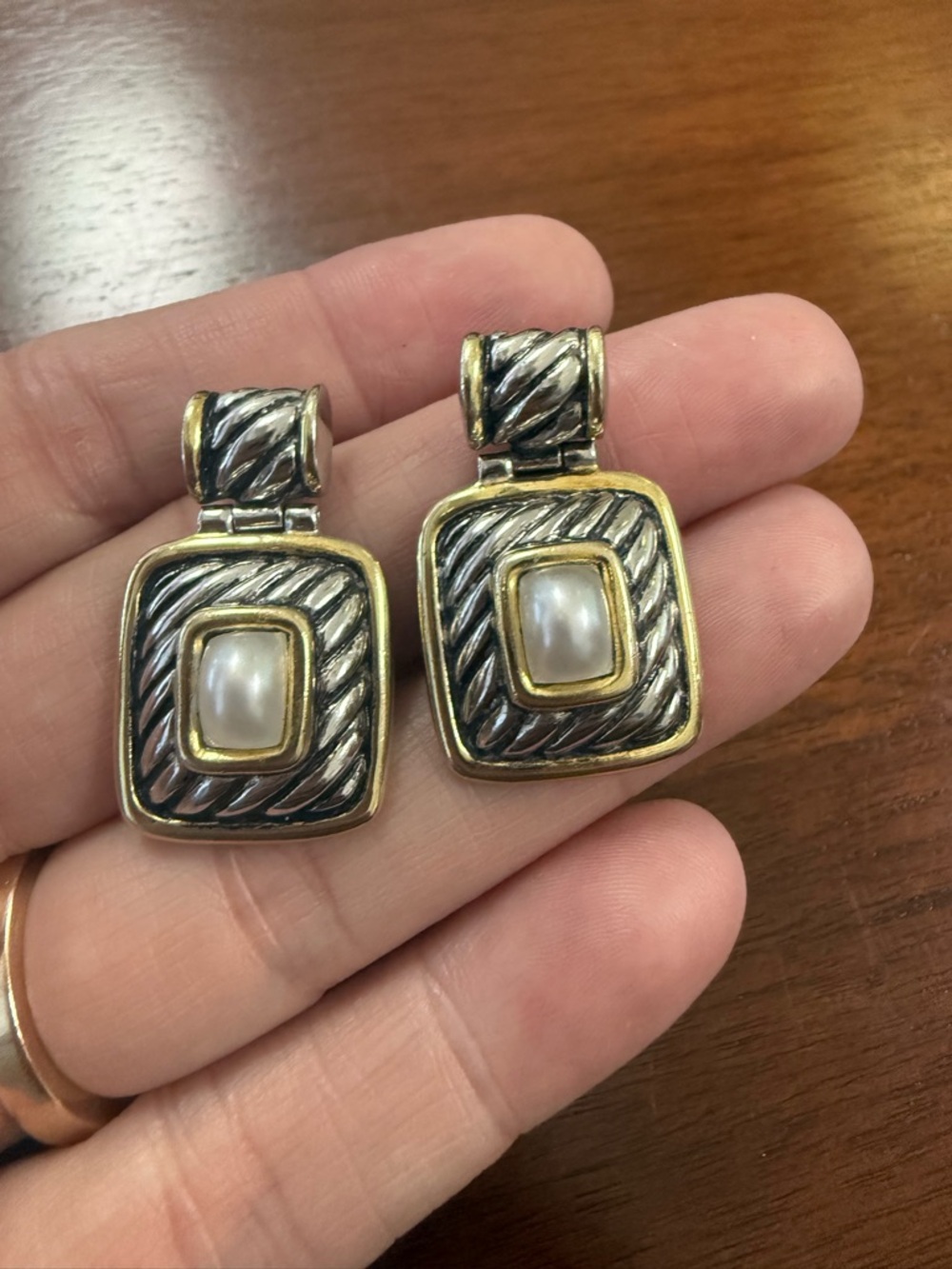Cable Design Gold & Silver Tone Pearl Square Drop Earrings - Sterling Silver